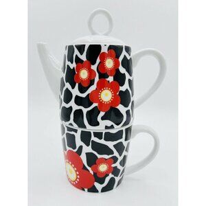 Tea For One Ceramic Teapot & Cup Animal Print & Red Flowers Black & White Stack